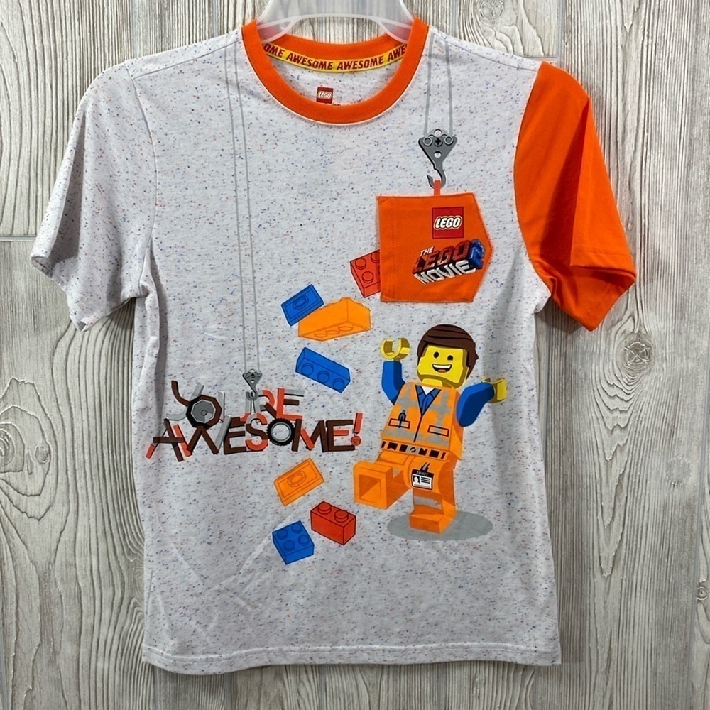 The Lego Movie 2 Boys XL Short Sleeve Pocket Graphic Tee Gray Orange Emmet